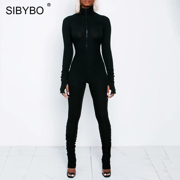 SIBYBO Autumn Turtleneck Skinny Casual Jumpsuit Women Long Sleeve Front Zipper Sport Wear Women Rompers Black Overalls for Women 0