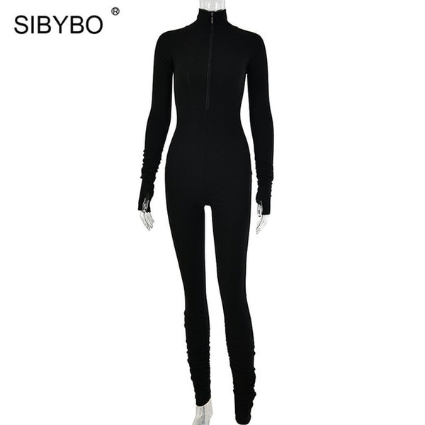 SIBYBO Autumn Turtleneck Skinny Casual Jumpsuit Women Long Sleeve Front Zipper Sport Wear Women Rompers Black Overalls for Women 3