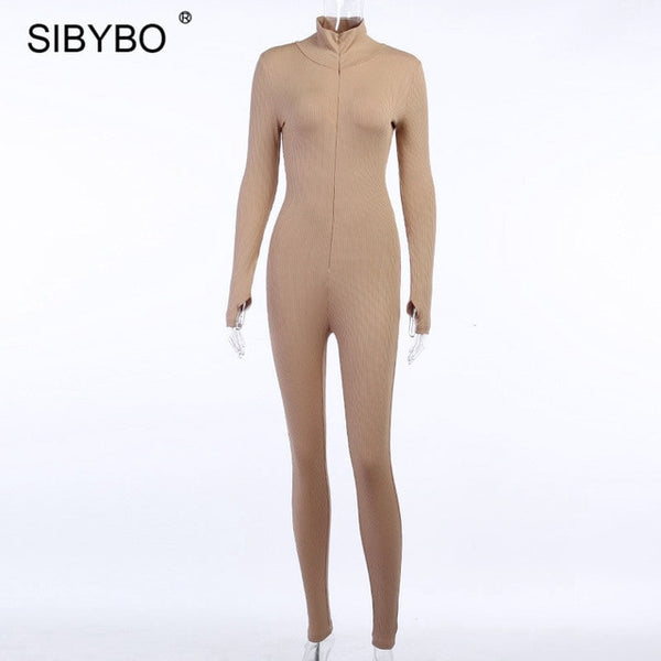 SIBYBO Autumn Turtleneck Skinny Casual Jumpsuit Women Long Sleeve Front Zipper Sport Wear Women Rompers Black Overalls for Women 2