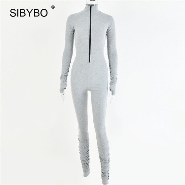 SIBYBO Autumn Turtleneck Skinny Casual Jumpsuit Women Long Sleeve Front Zipper Sport Wear Women Rompers Black Overalls for Women 7