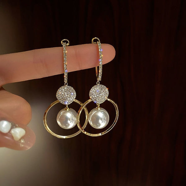2021 New Fashion Korean Oversized White Pearl Drop Earrings for Women Bohemian Golden Round Zircon Wedding Earrings Jewelry Gift 13