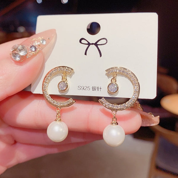 2021 New Fashion Korean Oversized White Pearl Drop Earrings for Women Bohemian Golden Round Zircon Wedding Earrings Jewelry Gift 27