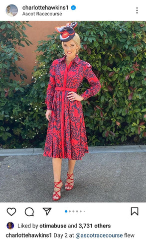 Charlotte Hawkins wears red and navy printed dress at Royal Ascot