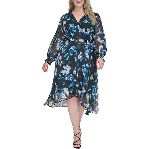 DKNY Womens Plus Printed Chiffon Wrap Dress