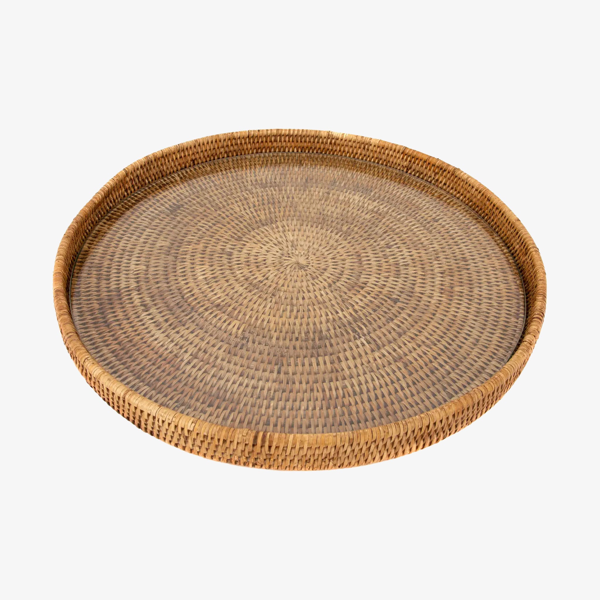 19" Round Rattan Tray with Glass Insert