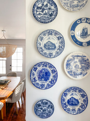 White wall with blue and white vintage plates