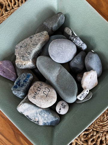 Simon Pearce Celadon square bowl filled with stones