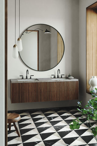 Transitional bathroom with floating vanity black and white floor round mirror and pendant lights