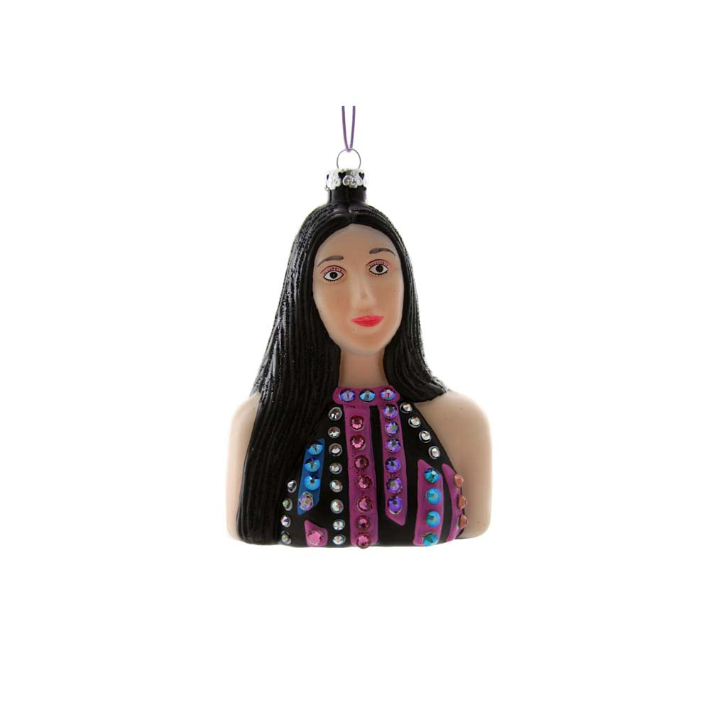 Cher painted glass holiday ornament by Cody Foster on white background