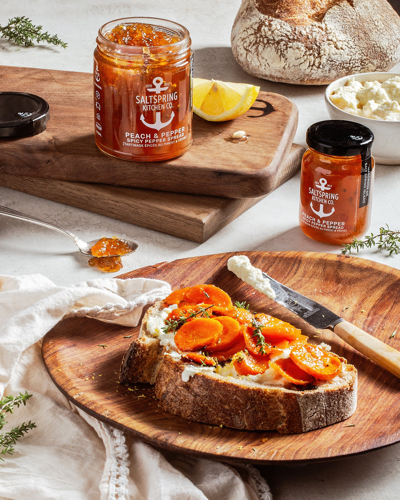 SaltSpring Kitchen Company Mother's Day Gift Guide - Carrot Tartine on a plate with Peach and Pepper Spicy Pepper Spread