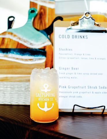 Saltspring Kitchen Company Tasting Room - Cold Drinks menu and drink on the counter