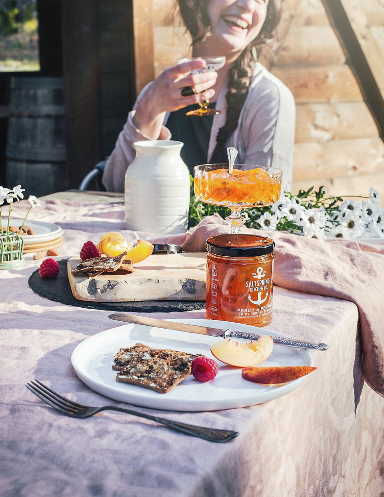 Salt Spring Kitchen Company Peach and Pepper Spicy Peppe Spread with summer picnic table