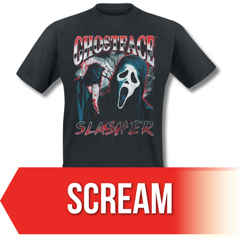 A t-shirt of Ghost Face from Wes Craven's Scream movies.