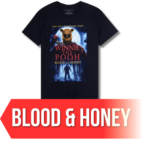 A t-shirt featuring the movie poster for the film Winnie the Pooh: Blood and Honey