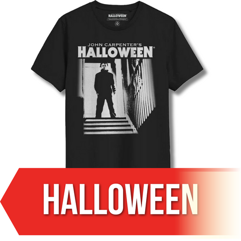A t-shirt of Michael Myers standing ominously on a staircase
