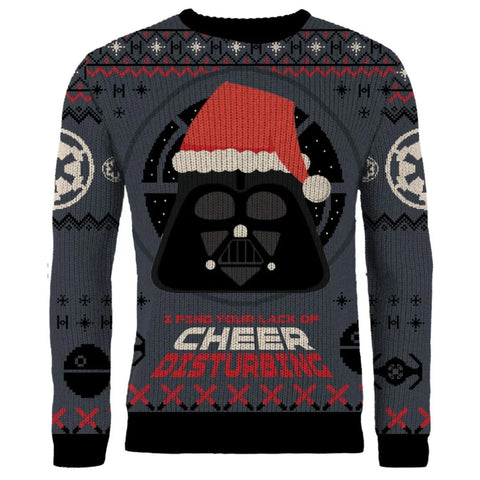 Darth Vader Christmas jumper, reads 'I find your lack of cheer disturbing.'