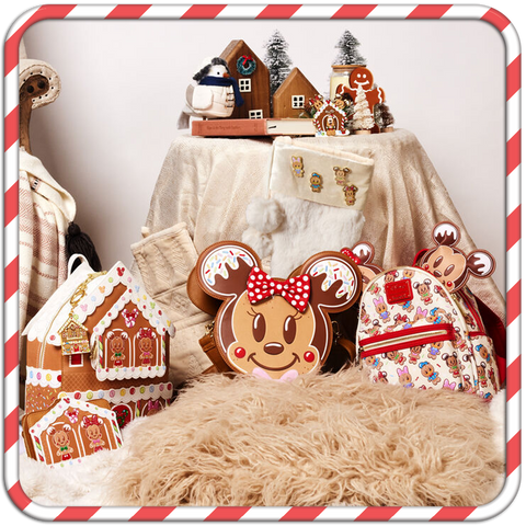 Minnie Mouse Gingerbread themed Loungefly collection on display