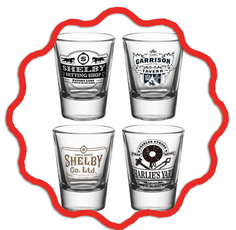 a set of four Garrison Pub shot glasses, from Peaky Blinders.