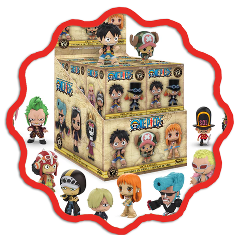 a stack of One Piece mystery boxes and miniature models
