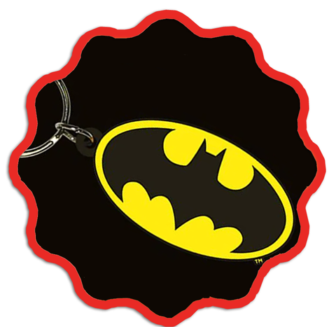 a rubber keyring of the Batman logo