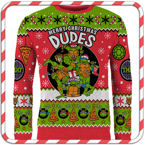 Teenage Mutant Ninja Turtles Christmas jumper. It reads: "Merry Christmas Dudes!"