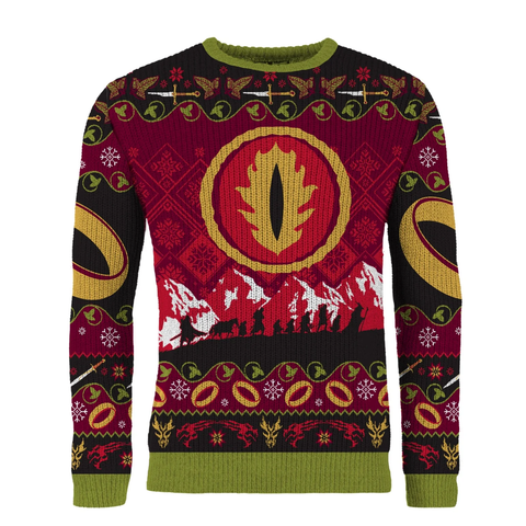 Lord of the Rings Christmas Jumper featuring the eye of Sauron and the fellowship (in silhouette) marching along the mountains.