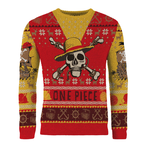 One Piece Christmas jumper, featuring a skull and crossbones in a straw hat!