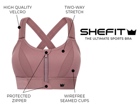 shefit ultimate sports bra features: high quality velcro adjustable straps and band, two way stretch fabric, protected zipper and wire free support.