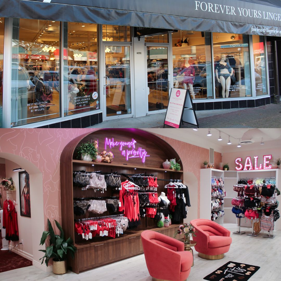 A collage of three photos. Photo one; three mannequins wearing lingerie sitting on a round pink couch. Photo two; the sales floor of Forever Yours Lingerie. Photo three; the couchs in the common area of the fitting rooms.
