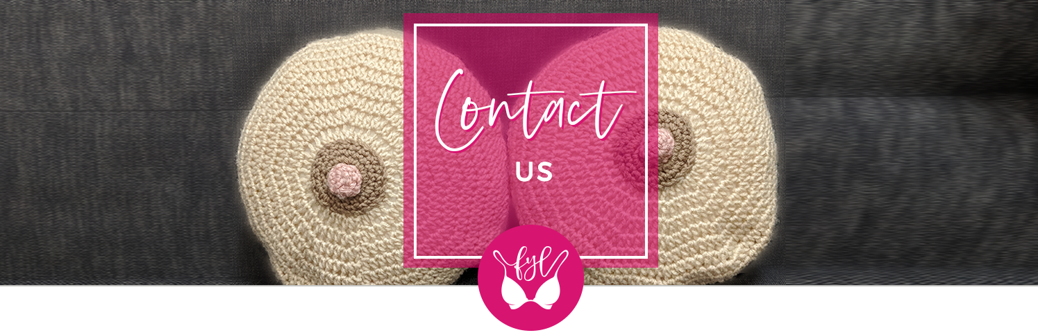 Crochet boob pillows and text that says Contact Us