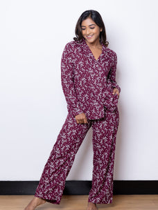 Alana - Long Sleeve Classic LPJ Set in Ditsy Maroon  Online for externalFeedProduct