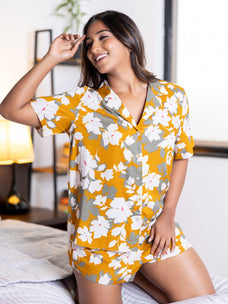 Valarie - Short Sleeve Classic SPJ Set in Mustard Floral Buy Clothing and Fashion Online for specialGifts