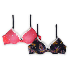 Luna | 2 Pack - Plunge Bra Padded Wired in Coral Polka & Black Floral Combo Buy Clothing and Fashion Online for specialGifts