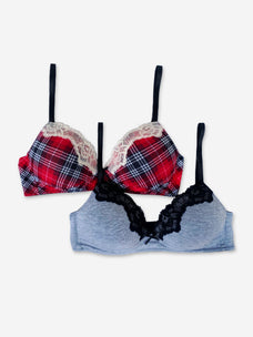 Ginger - 2 Pack - Triangle Padded Non Wired Bra in Red Plaid & Grey Marl Combo Buy Clothing and Fashion Online for specialGifts