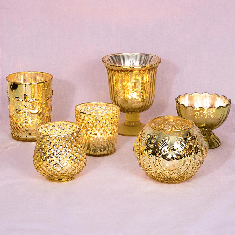 Vintage Glam Gold Mercury Glass Tea Light Votive Candle Holders 6 Pack