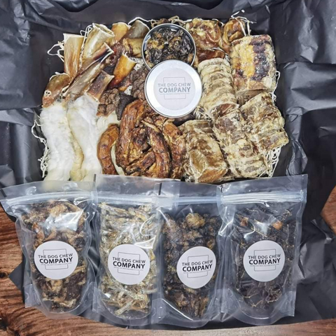 Photo of dog treat hamper form the dog chew company.