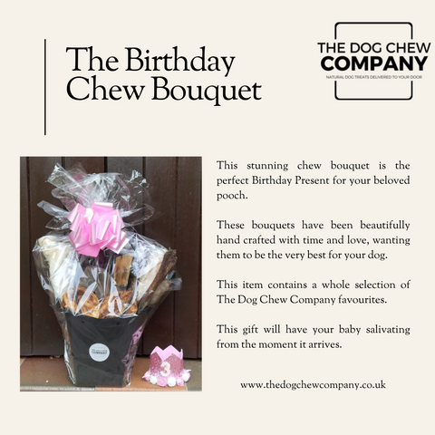 Product photo of the Dog Chew Company Dog birthday Bouquet filled with natural dog chews and treats for your dog's birthday.