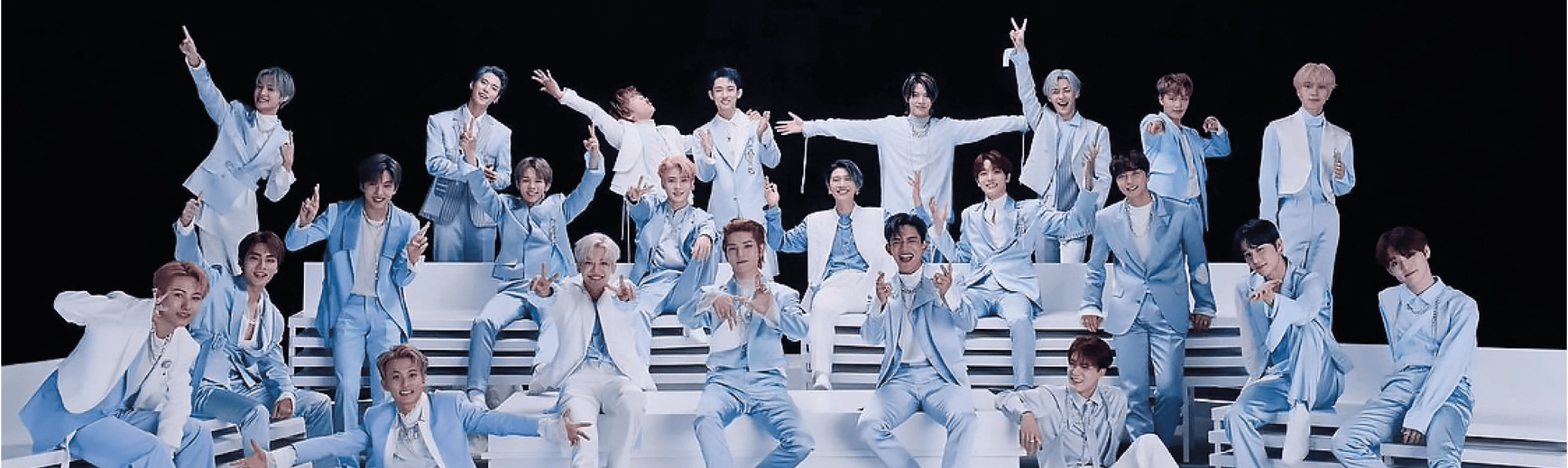 nct resonance 2020 poster all 23 members in blue and white suits