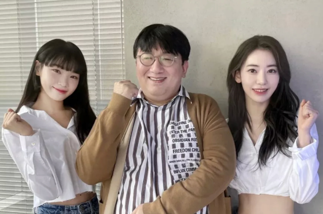 hybe founder bang si hyuk together with sormer iz*one members kim chaewon & miyawaki sakura