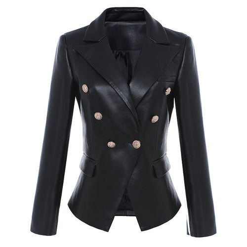 Metal buckle double-breasted leather suit