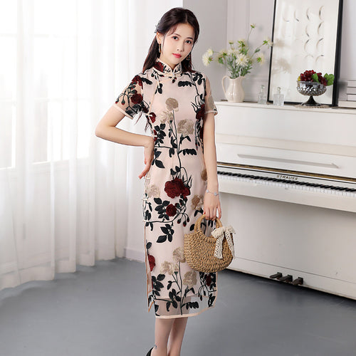 Improved Voile Embroidered Slim Fit Cheongsam Retro Stand Collar Short Sleeve Dress