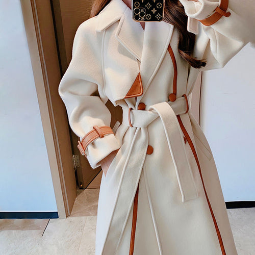 Women's Mid-length Large Lapel Colorblock Woolen Coat