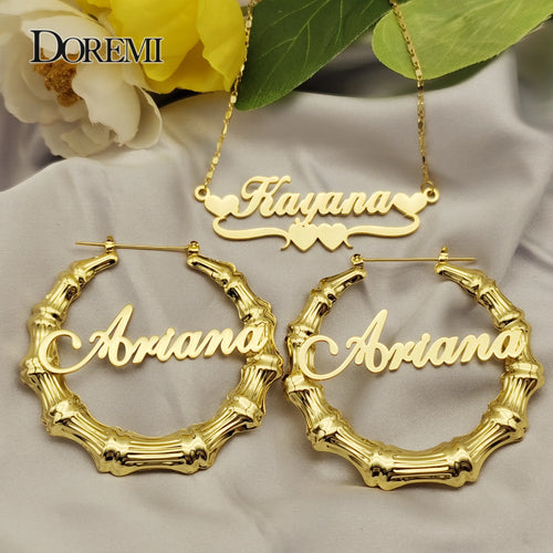 DOREMI One Name Earrings and Necklace set Tile Chain Round Bamboo Earrings Custom Bamboo Letter Personalised Name Earrings Gift