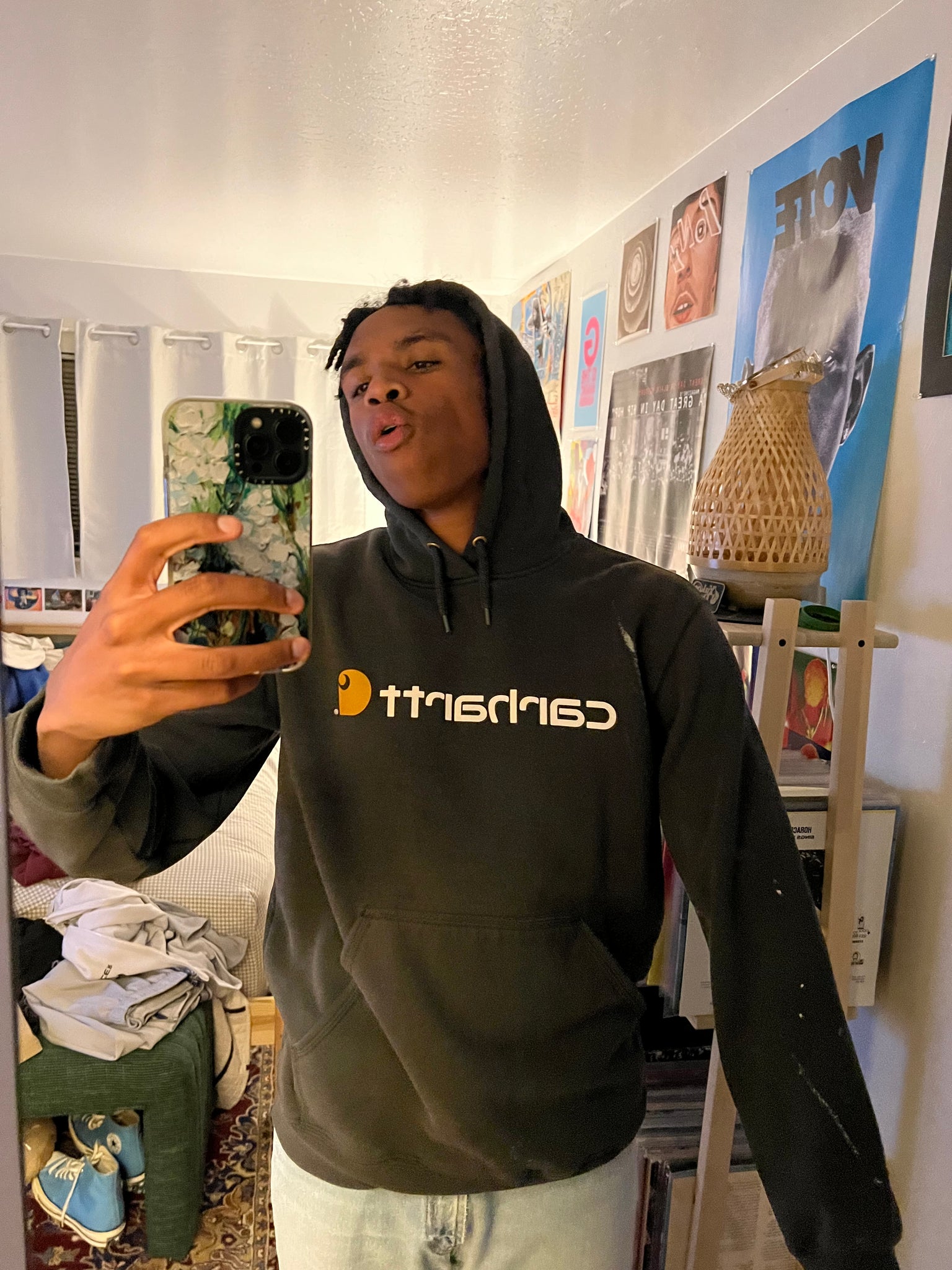 @titus.washington / Carhartt Soft and Faded Black Logo Hoodie w Paint Drips All Over - Selleb