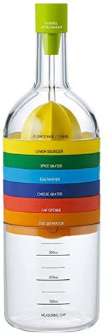 8 kitchen tools stacked on top of each other for a multi coloured bottle