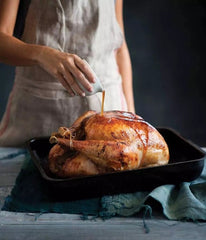 Maple Glaze Poured Over Turkey in Pan