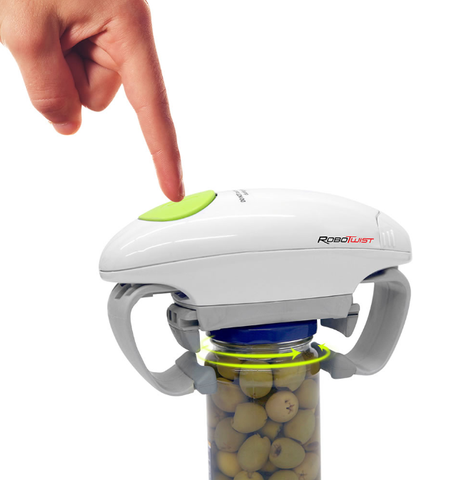 Finger pressing on automatic can operner button ontop of jar of olives