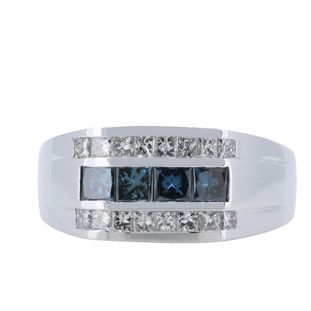 Mens 1.90ct Blue Round Diamond Wedding Band & Ring 14k Wht Gld