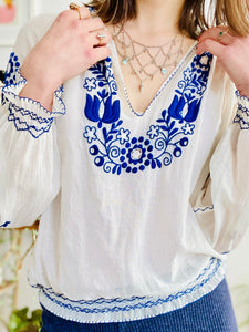 Vintage 1930s Hungarian top blue embroidered cotton peasant blouse