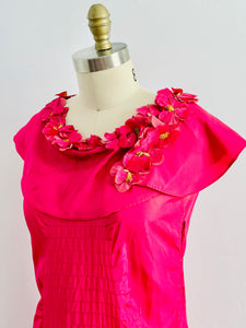 1930s magenta pink taffeta dress with millinery flowers neckline
